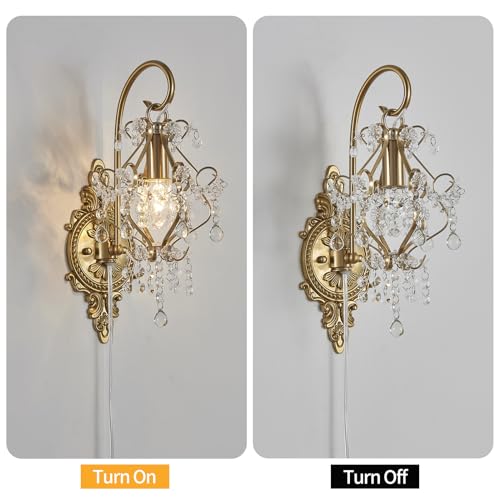 Plug-In Vintage Gold Crystal Wall Sconces Set of 2 – Fetason (2 Pack)