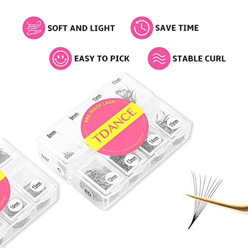 TDANCE 600 Fans Premade Fans Eyelash Extensions Natural & Volume Mixed Length Premade Lash Fans 5D-24D Handmade Promades Eyelash Fans C/D Curl Loose Fans(600-14D-0.03-C-8-15mm)