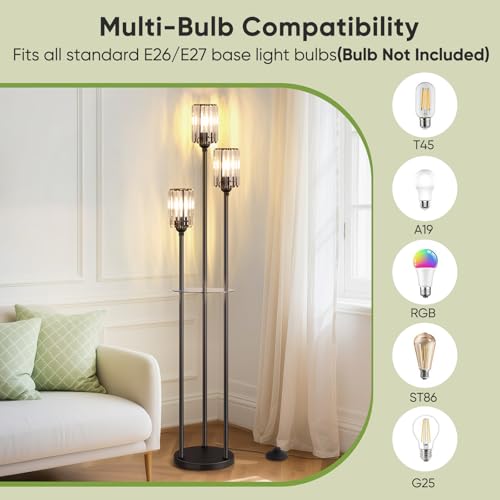 Black Crystal Floor Lamp with Shelves - 67-Inch Tall Modern Standing Light
