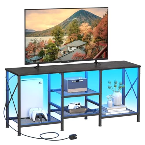 JARHETUN TV Stand for 55 Inch TVs with LED Lights, Black Entertainment Center with 3 Open Shelves and Remote Control