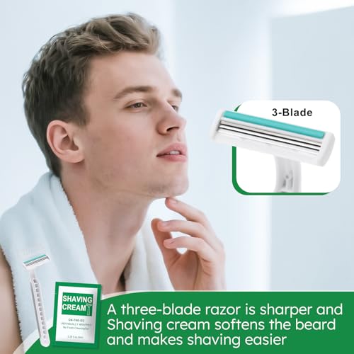 Disposable Razors Bulk - Pack of 100,Individually Wrapped Grey 3 Blade Razors with 8 ml/0.28 fl oz Packet Shaving Cream and Clear Cap for Homeless,Hotel,Shelter,Travel