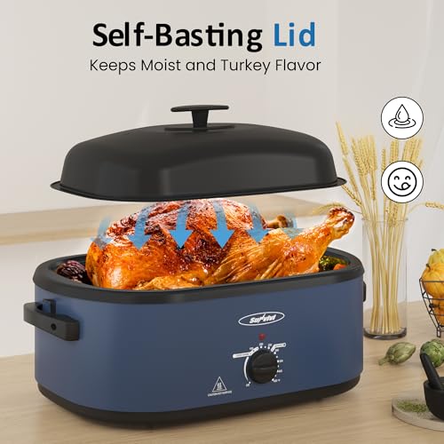20QT Electric Roaster Oven with 3 Removable Trays, Self-Basting Lid, Defrost & Warm Function - Blue Variation