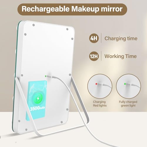 White Rechargeable Vanity Mirror with Lights, 14.6-Inch LED Makeup Mirror with Memory Function