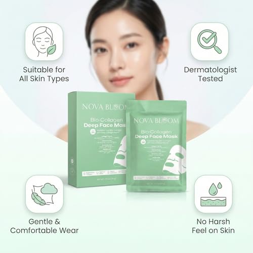Nova Bloom Bio-Collagen Deep Overnight Mask ? Hydrating Hydrogel Face Mask for Korean Glass Skin Glow ? Low Molecular Collagen, Niacinamide & Hyaluronic Acid ? Pore Refining & Anti-Aging (Pack of 15)