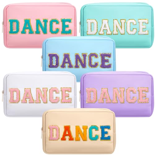 Pastel Dance Makeup Bags 6-Pack with Chenille Letter Patches, Waterproof Nylon Cosmetic Pouches