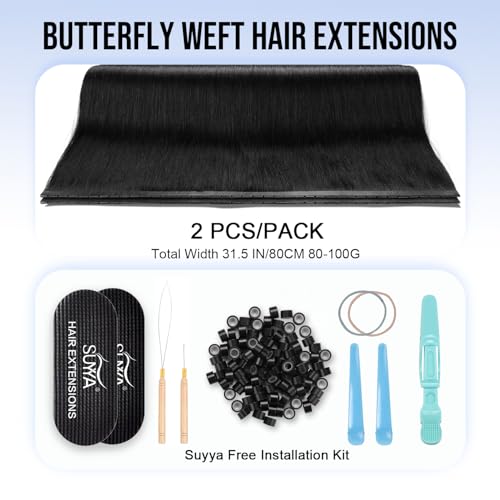 Butterfly Weft Hair Extensions Human Hair 18 Inch - Jet Black #1 - Reusable & Seamless