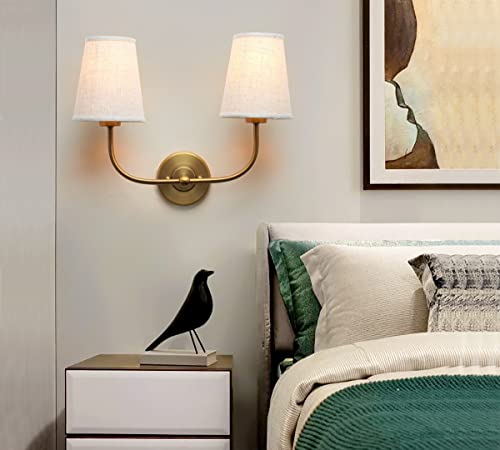 Brass Gold Double Wall Sconce with Linen Beige Fabric Shades - 2 Light Vintage Fixture - Hardwired with Variation Brass Gold / 1 Pack-2 Light-Hardwired