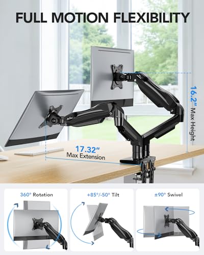 HUANUO FlowLift Dual Monitor Stand 13–32" Full Motion w/ C-Clamp or Grommet, 75x75/100x100 VESA, 4.4–19.8 lb per arm - Black / 1