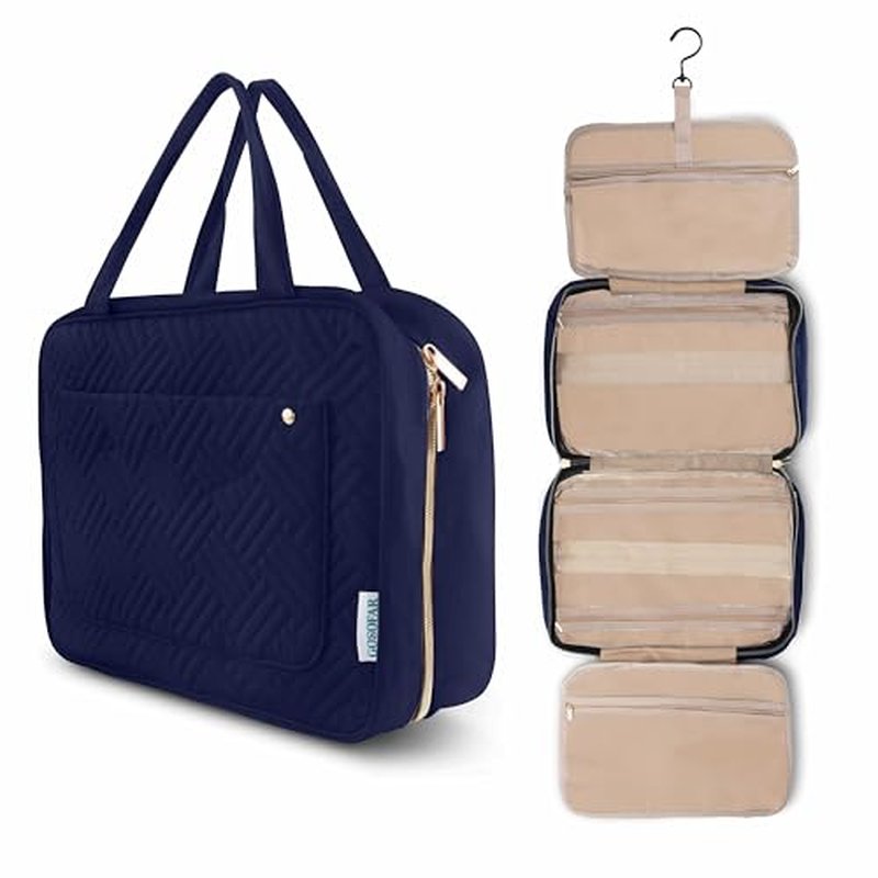 Hanging Toiletry Bag for Travel, Large Capacity Organizer with 4 Compartments and 1 Swivel Hook, Water resistant, Perfect for Toiletries, Cosmetics/Daily Use/Ideal as Gift (Navy Blue)