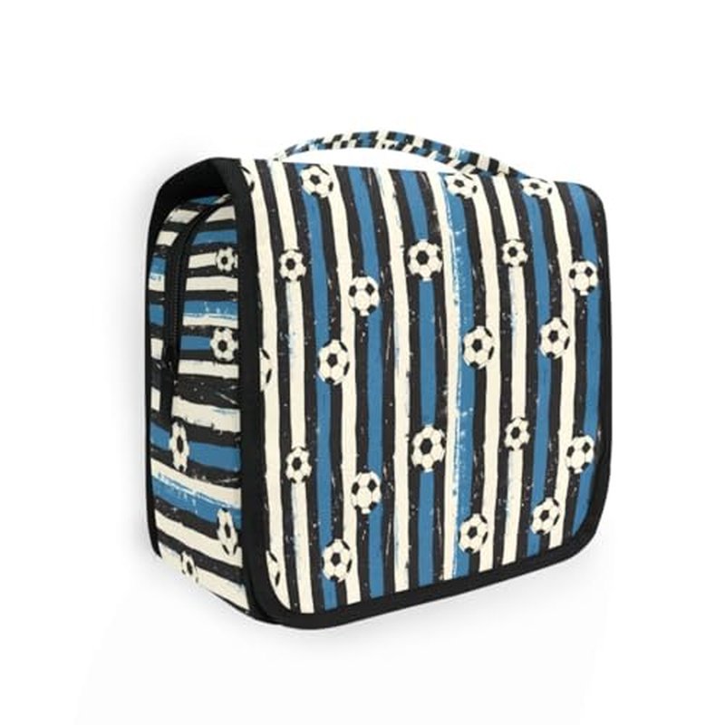 Hanging Travel Toiletry Bag Blue Black Stripes Soccer Balls Kit Makeup Case Cosmetics Organizer for Men Women
