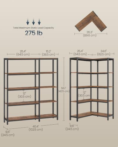 SONGMICS HOME 5-Tier Corner Shelf Rustic Brown - L-Shaped or Straight Bookshelf