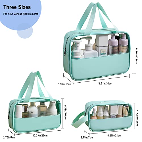 3 Pack/Size Waterproof Travel Toiletry Bag, Clear Cosmetic Makeup Bags PVC and Mint Green PU Splicing, TSA Approved Carry on Pouch, Portable Travel Organizer for Vacation, Bathroom, Airplane