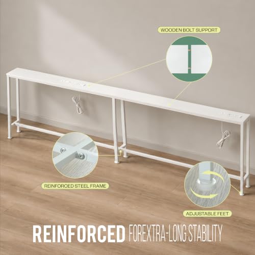 118-Inch White Sofa Table Behind Couch with Outlets & Storage - Narrow Console