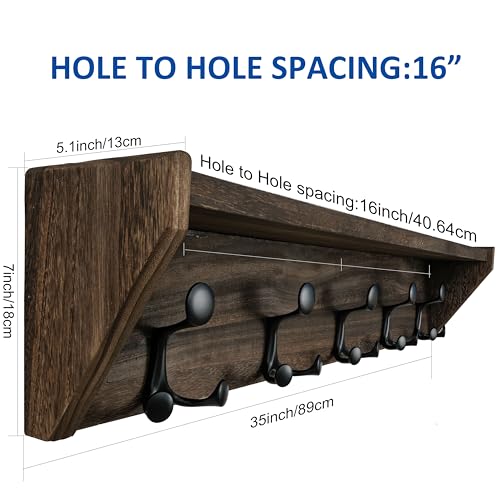 35-Inch Wall Mount Coat Rack with Shelf and Triple Hooks - Weathered Brown