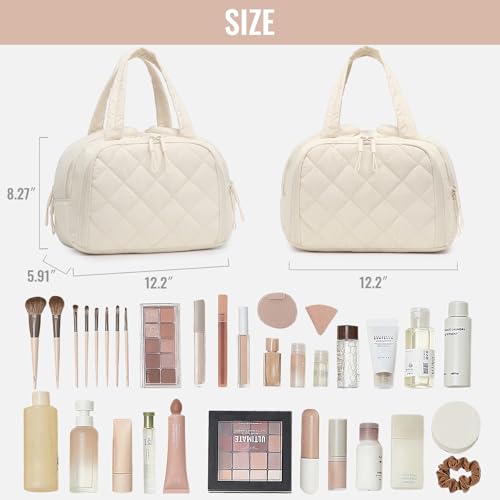 White Large Quilted Travel Toiletry Bag with Water-Resistant PVC & Mesh Pockets