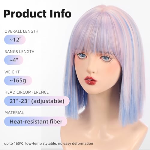 Rainbow Short Bob Wig with Bangs - Heat-Resistant Synthetic Hair for Women, 12 Inch for Daily, Party, Halloween Costume
