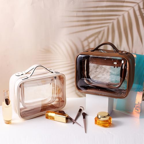SANHECUN Clear Travel Toiletry Bag with Multiple Compartments - Waterproof Makeup & Cosmetic Organizer - Beige, Medium