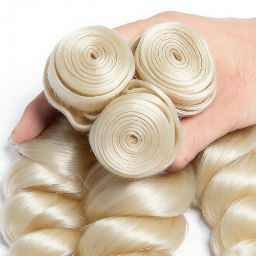 Blonde Human Hair Extensions Loose Wave Bundles - 14, 16, 18 Inch, 50g Each, Virgin Brazilian Hair, Variation #613/L