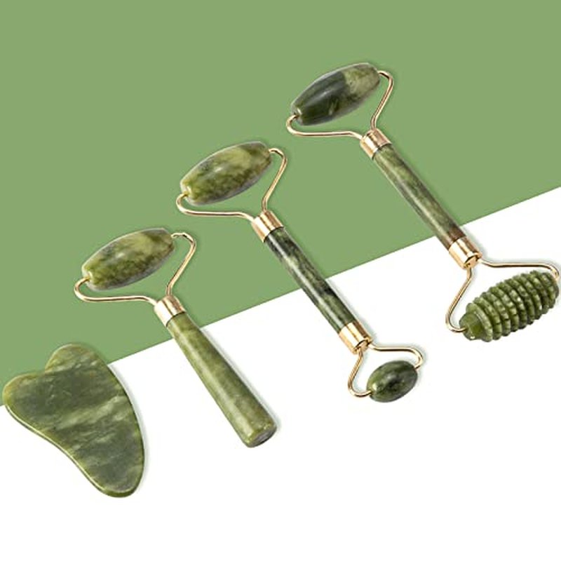 Jade Gua Sha Facial Massager Set - 5 in 1 Skin Care Tools with Roller and Massager