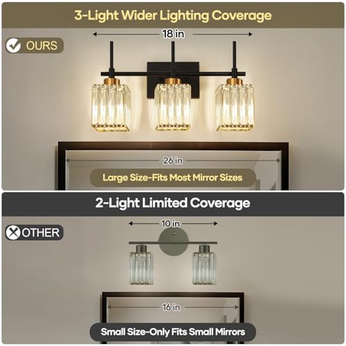 Black Gold Square Shade Crystal Vanity Lights - 3-Light Bathroom Wall Fixture