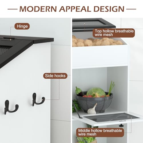 Wooden Potato and Onion Storage Bin with Lid - White, Large Capacity & Ventilated Kitchen Organizer