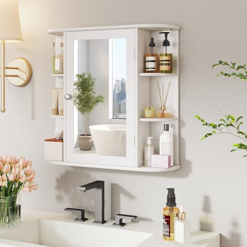 White Bathroom Medicine Cabinet with Mirror, Wall Mounted Storage Organizer, 4 Shelves & 6 Side Shelves