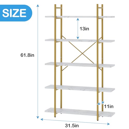 White Faux Marble 5-Tier Ladder Bookcase - Modern Open Storage Shelving Unit