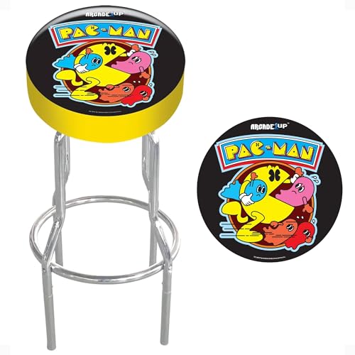 Modern Pac-Man Arcade Game Stool - Adjustable Padded Seat, Steel Frame, Chrome Finish, Leg Extenders, Home Use