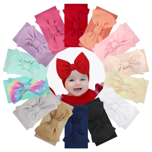 YanJie Assorted Baby Headbands with Bows Set of 14 – Handmade Nylon Elastic Hairbands for Newborns, Girls & Toddlers (Black, Red, Pink)