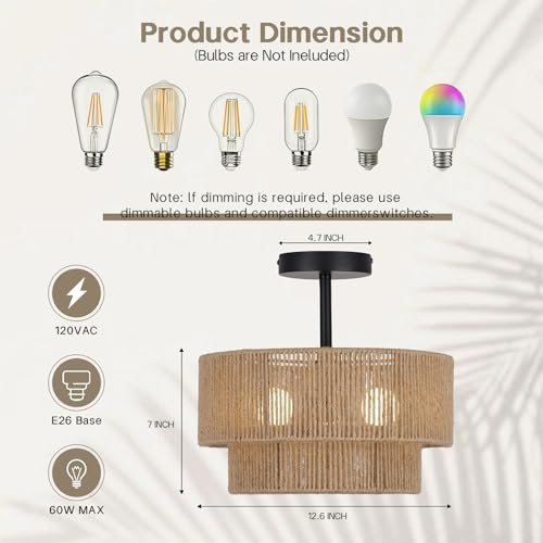 Boho Coastal Hemp Rope Ceiling Light Fixture - Rustic Rattan Semi Flush Mount, 3-Light