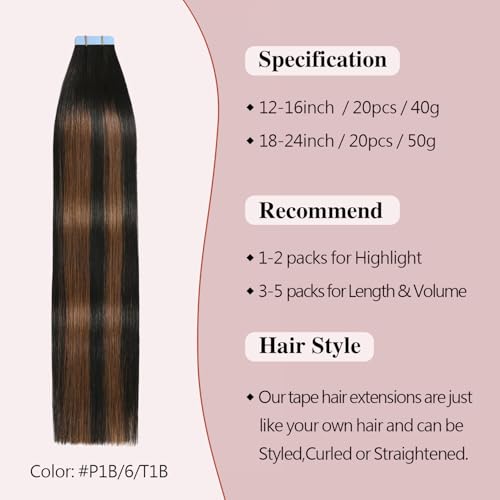 Sunya Tape-in Hair Extensions 12" Balayage Natural Black to Chestnut Brown 40g/pack, 20pcs #P1B/6/T1B