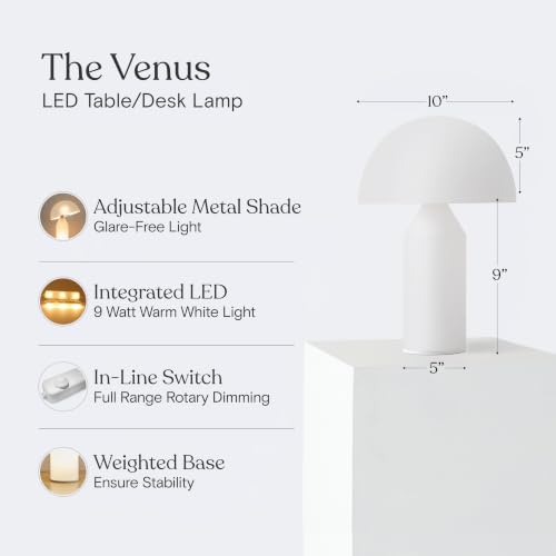 Brightech Venus Glass Mushroom Table Lamp - Dimmable LED Nightstand Light