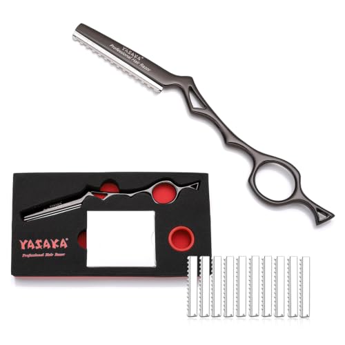Black Hair Cutting Razor with 10 Replacement Blades – 7.1 Inch Styling Tool