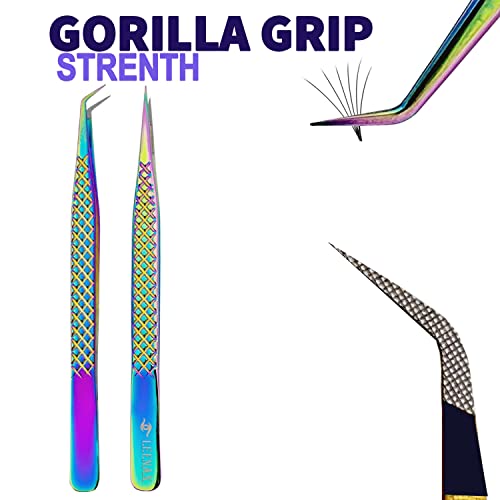 Eyelash Extension Tweezers Fiber Tip (Anti ? Slip) Set of 2 pieces straight & curved with Diamond Grip, Rainbow Colour,14cm, volume Tweezers, Lash Extension Precision tweezers. (Multi)