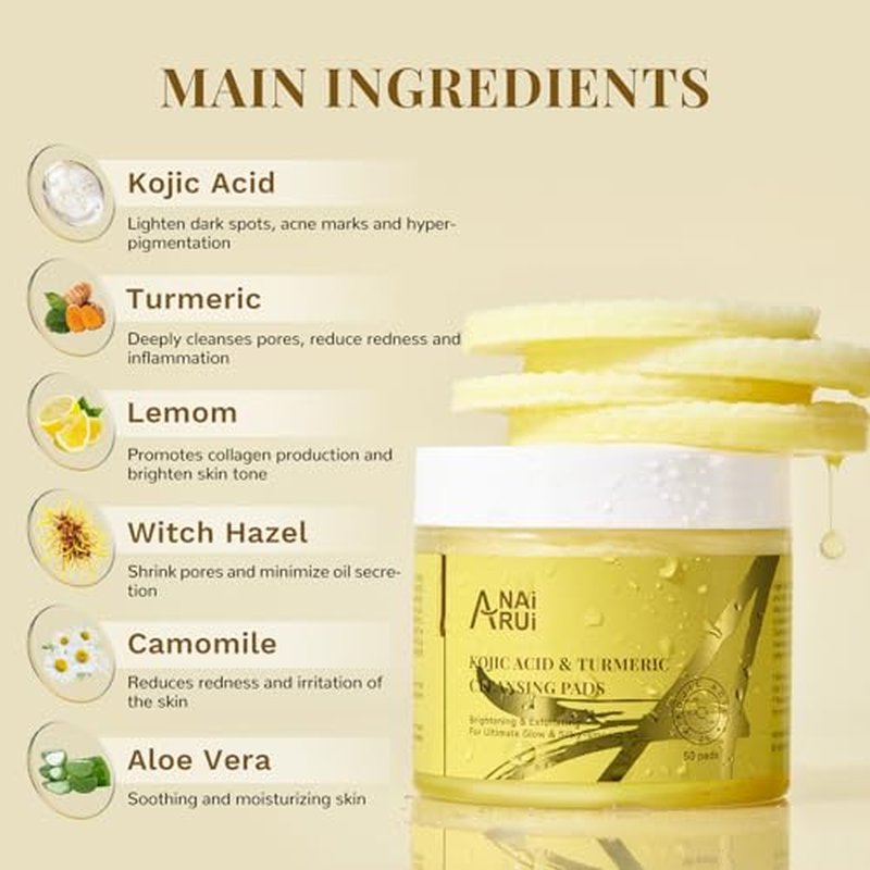 ANAI RUI Turmeric Kojic Acid Exfoliating Cleansing Pads, Deep Cleansing Brightening Pads, Exfoliating Scrub Pad for Face and Body, Acne Treatment, Skin Tone Evening,50 PCS