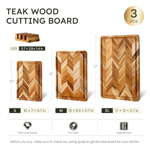 Nomsters 3-Pack Heavy-Duty Teak Cutting Boards with Non-Slip Base - Herringbone Wood Set