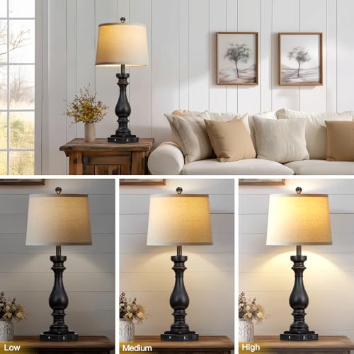 Black Vintage 29-Inch Tall Table Lamps Set of 2 with USB C & AC Outlets - Farmhouse Touch Nightstand Lamps