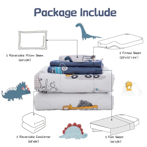 Dinosaur Car Twin Bedding Set - Reversible Comforter & Sheets for Boys, 4 Pieces