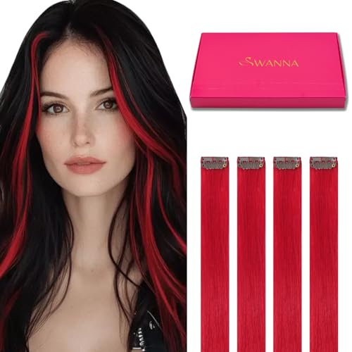20 Inch Red Clip-In Hair Extensions - 100% Real Human Hair Highlights, Easy DIY Styling