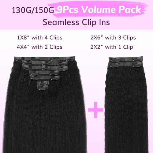 Seamless Clip-In Hair Extensions - Kinky Straight 14 Inch Natural Black 9pcs