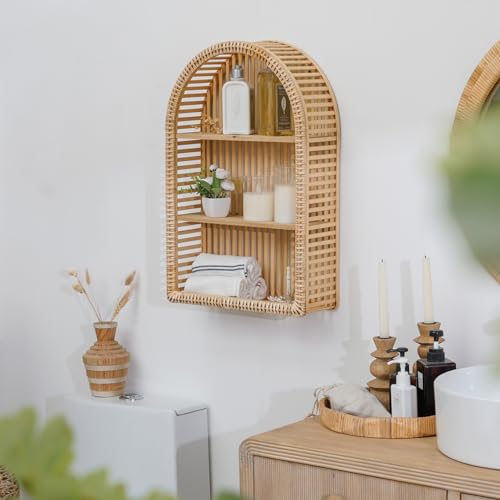 3-Tier Rattan Wall Shelf - Boho Arch Hanging Floating Shelf for Living Room & Bathroom