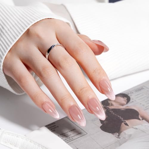 Opal Glow Press On Nails Kit - Medium Almond Cat Eye French Tip Nude Pink Shimmer, Reusable Salon Quality with UV Gel, 32 Pieces