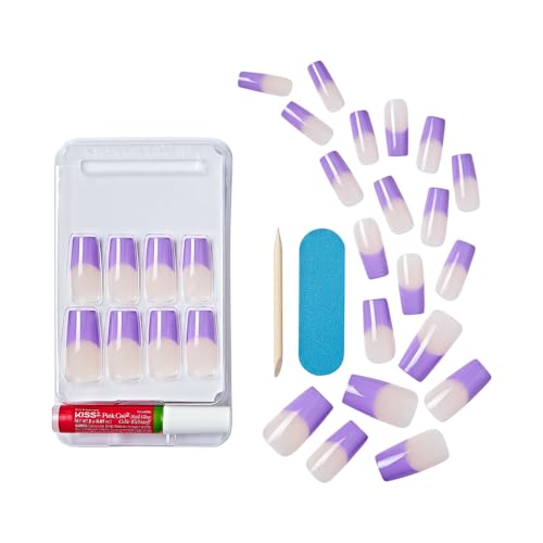 KISS Acrylic French False Nails Kit, Long Square Shape Design Nail, Purple Color French Tip Nails, Ready to Wear Gel & Manicure Stick Included, Long-Lasting Convenient & Easy to Apply