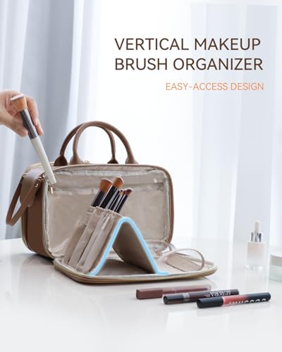 Prite Brown Large Travel Makeup Bag with Standing Brush Holder – Waterproof Cosmetic Organizer