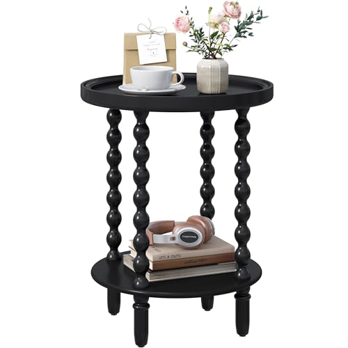 2-Tier Round Side Table with Storage Shelf Black Spindle Legs