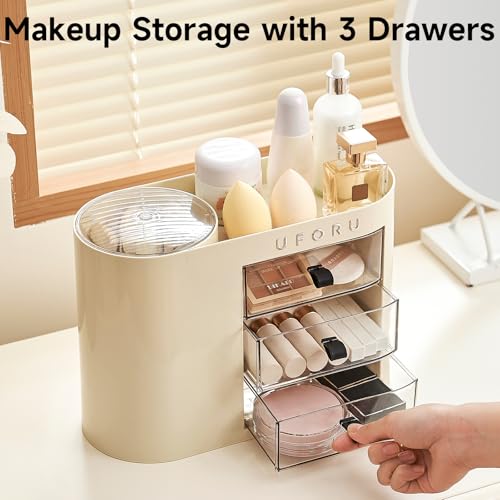 UFORU Makeup Organizer with Pop-Up Brush Holder - Cream White Vanity Storage