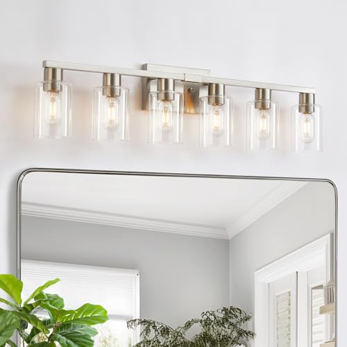 HDASIC Brushed Nickel 6-Light Vanity Light with Clear Glass - 34.25in Bath Fixtures