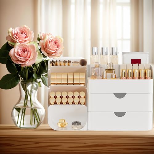 Makeup Organizer with 2 Drawers & Brush Holders - All White, M