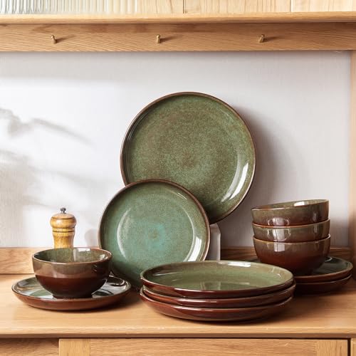 Pokini 12-Piece Stoneware Dinnerware Set for 4 Brown Green Reactive Glaze