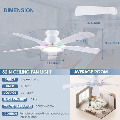 Wiviniya 52-Inch White RGB Ceiling Fan with Remote & App Control, Dimmable Light